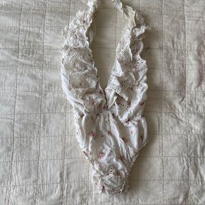 LoveShackFancy White and Pink Lace Bodysuit